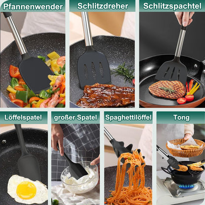 Terlulu Silikon-Kochbesteck-Set, 34-teilig mit Edelstahlgriff