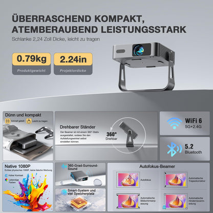 VOPLLS Q5 Mini Beamer 1080P Full HD, 4K, Autofokus, WiFi 6, Silber