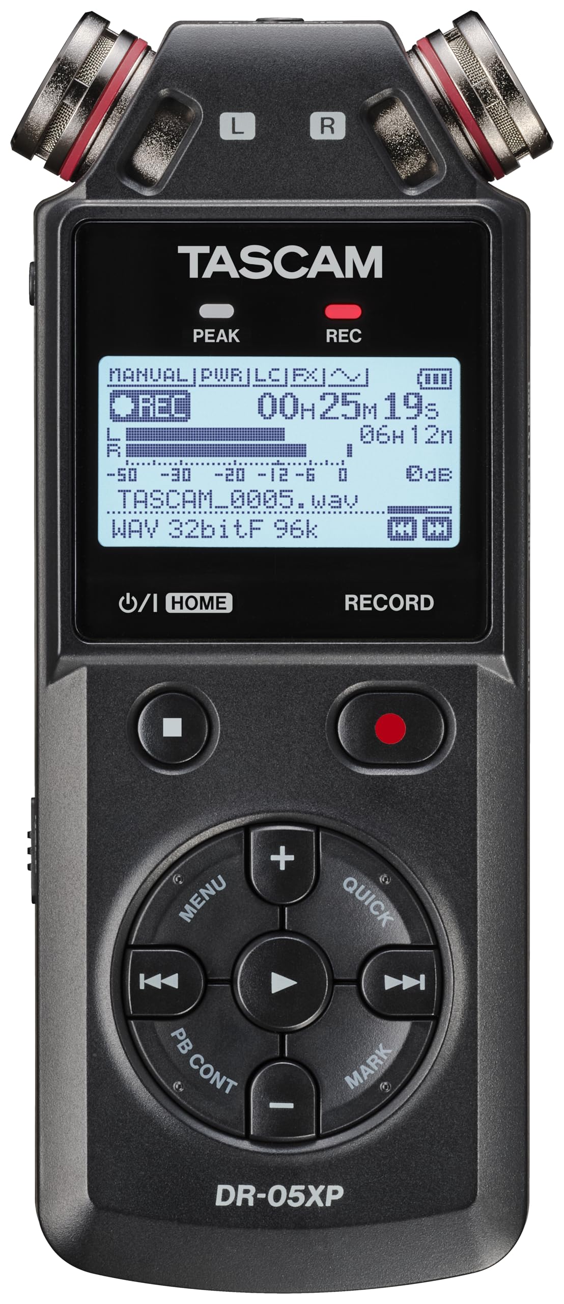 Tascam DR-05XP Mobiler 2-Kanal-Audiorecorder mit 32-Bit-Float – Handheld-Recorder mit Kondensatormikrofonen