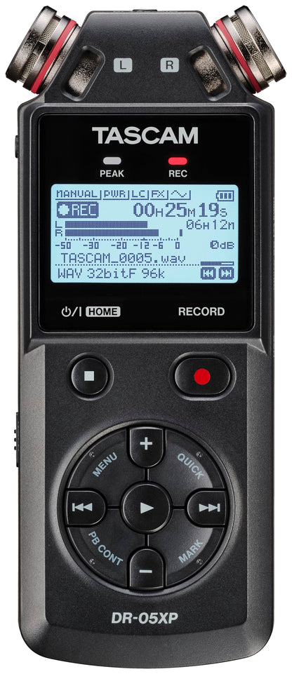 Tascam DR-05XP Mobiler 2-Kanal-Audiorecorder mit 32-Bit-Float – Handheld-Recorder mit Kondensatormikrofonen
