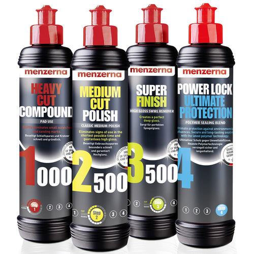menzerna Politur-Set Heavy Cut, Medium Cut, Super Finish & PowerLock, vier Flaschen