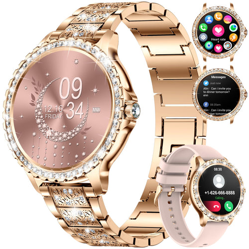 LIGE Smartwatch Damen BW1845D-A, Rosegold Edelstahl, Bluetooth-Anrufe mit diamantverzierter Lünette