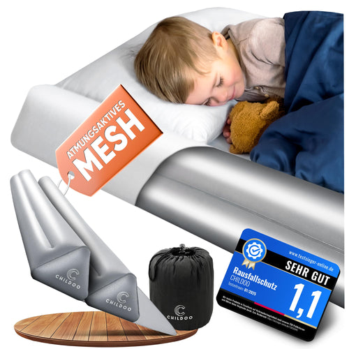CHILDOO Rausfallschutz Bettgitter Reise aufblasbar - 200cm: Ein aufblasbares Bettgitter, das als Rausfallschutz an der Matratzenkante dient.