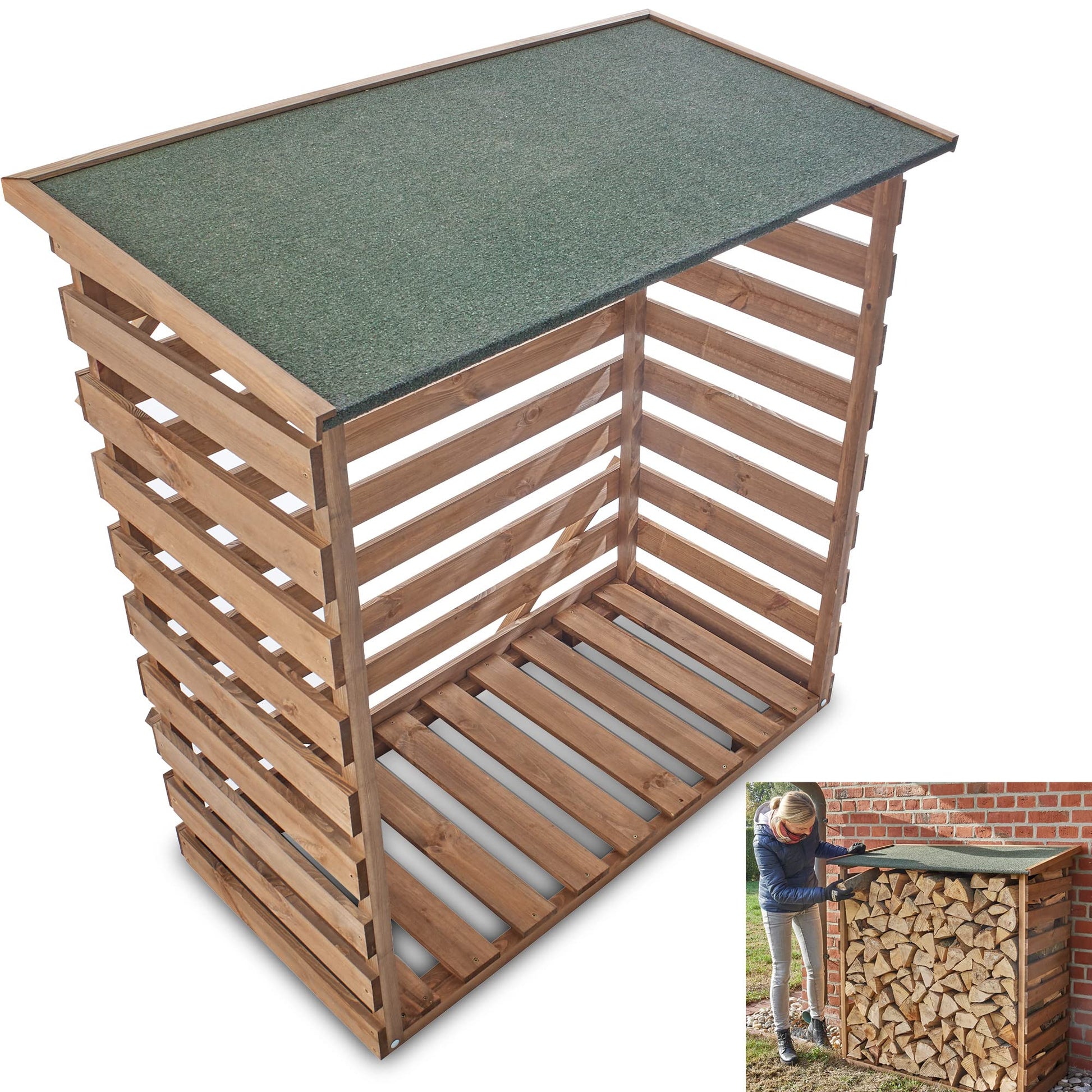 zooprinz Brennholzregal Wetterfest – Lasiertes Holz Gross. Braun lasiertes Holzregal lagert Brennholz im Freien.