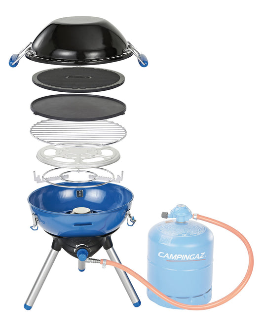 Campingaz Partygrill 400. Blauer, kompakter Gaskocher mit Grillplatte. Nutzt eine Gasflamme zum Kochen und Grillen im Freien.