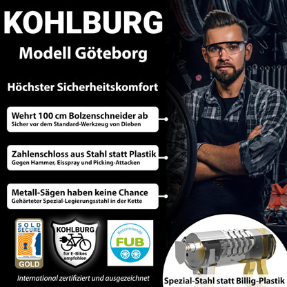 KOHLBURG Massives Zahlenschloss Kettenschloss 110cm Sold Secure GOLD