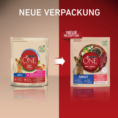PURINA ONE Mini Small Adult Trockenfutter mit Rind & Reis, 8 x 800 g
