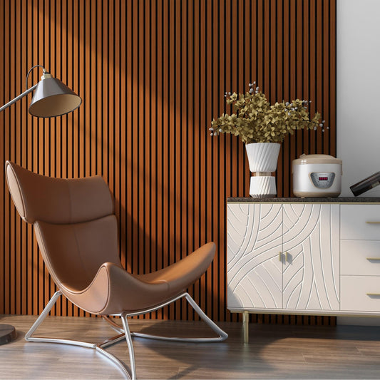 NEU.HOLZ Akustikpaneel Holzoptik Teak - Schallschutz Wandpaneel. Holzoptik Teak für Wandmontage zur Schallabsorption und Nachhallreduzierung.