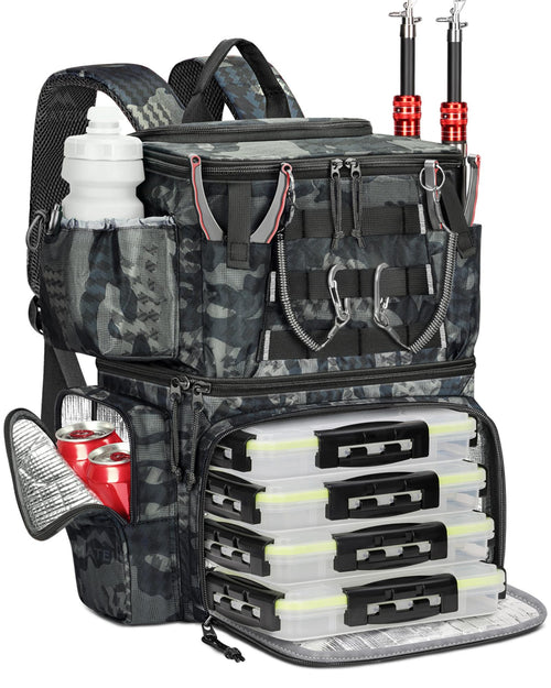 MATEIN Angelrucksack mit 4 Köderboxen, Rutenhalter und Kühlfach zum Transport von Angelausrüstung