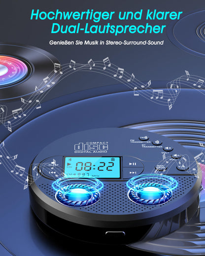 Greadio CD-35 Tragbarer CD-Player mit Bluetooth und FM-Transmitter