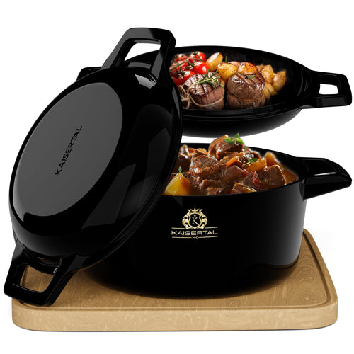 KAISERTAL emailliertes Gusseisen Bräterset – 2in1 Topf 4.8L & Pfanne 1.8L