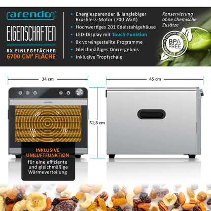 Arendo Dörrautomat Edelstahl Dörrgerät - 8 Edelstahlgitter