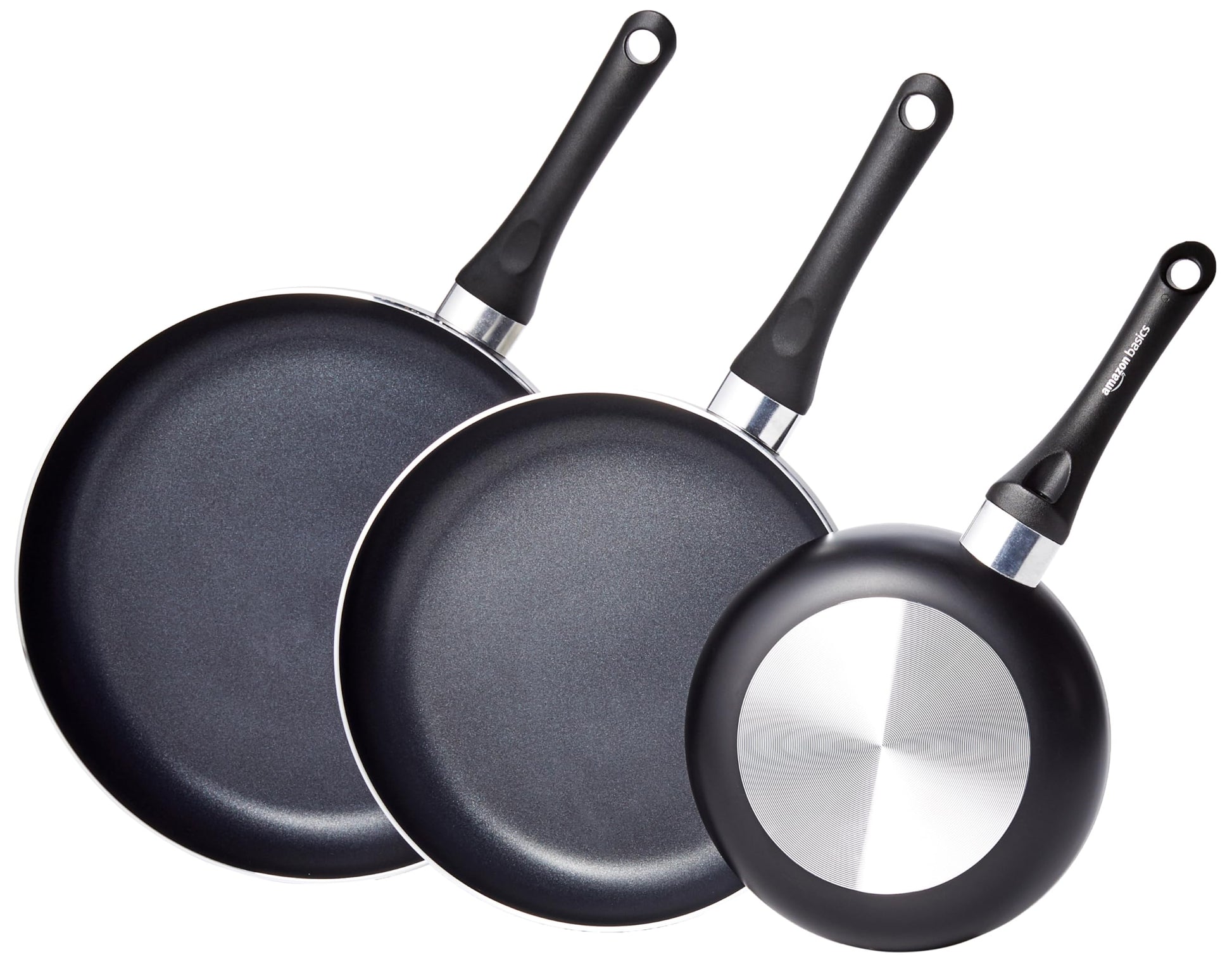 Amazon Basics Bratpfannen-Set 3-teilig mit Antihaftbeschichtung, schwarze Aluminiumpfannen mit Soft-Touch-Griffen