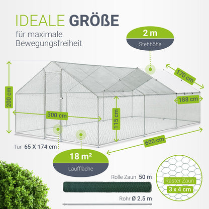 Juskys Freilaufgehege Metall 3x6m - Begehbarer Hühnerstall