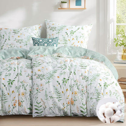 Aisbo Bettwäsche 135x200 4teilig Baumwolle Grün mit Blumenmuster, Wendebettwäsche mit Reissverschluss
