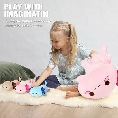 shownicer Axolotl Plüschtier, Kuscheltier Mama mit 3 Babys, 50 cm