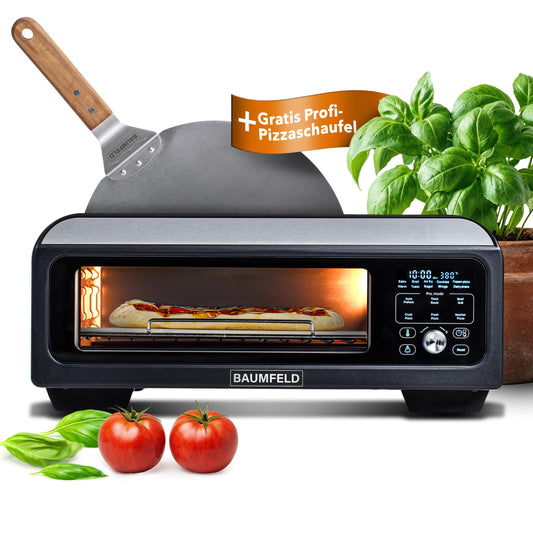 BAUMFELD PizzaAirfryer400 Multifunktionsofen 400°C - Schwarz. Rechteckiger Ofen. Backt Pizza & Heißluft-frittiert bis 400°C.