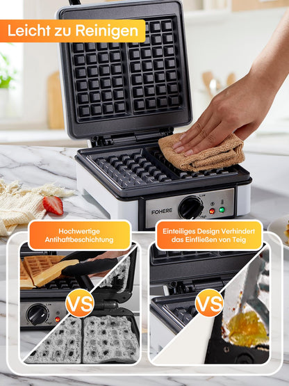 FOHERE Waffeleisen XL für 2 Waffeln, 1200 Watt, antihaftbeschichtet