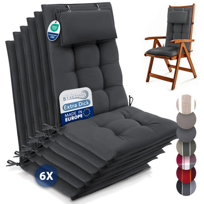 Beautissu Hochlehner Auflage Sun-HL 6er Set mit Kopfpolster Anthrazit, Polyesterbezug, 8 cm dick gepolstert