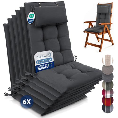 Beautissu Hochlehner Auflage Sun-HL 6er Set mit Kopfpolster Anthrazit, Polyesterbezug, 8 cm dick gepolstert