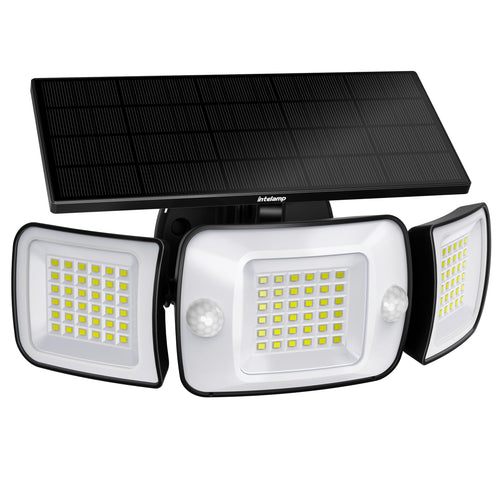 INTELAMP Solarleuchte für Aussen mit Bewegungsmelder, 1200 Lumen, IP65, drei Leuchtköpfe und Solarpanel