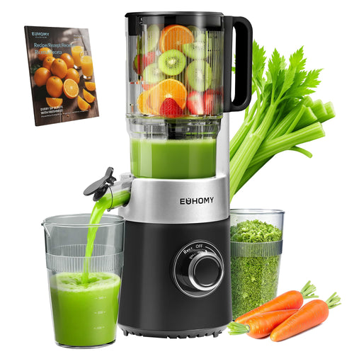 EUHOMY Slow Juicer ZM1909, Entsafter für Gemüse und Obst, 1,8 L, Schwarz-Silber