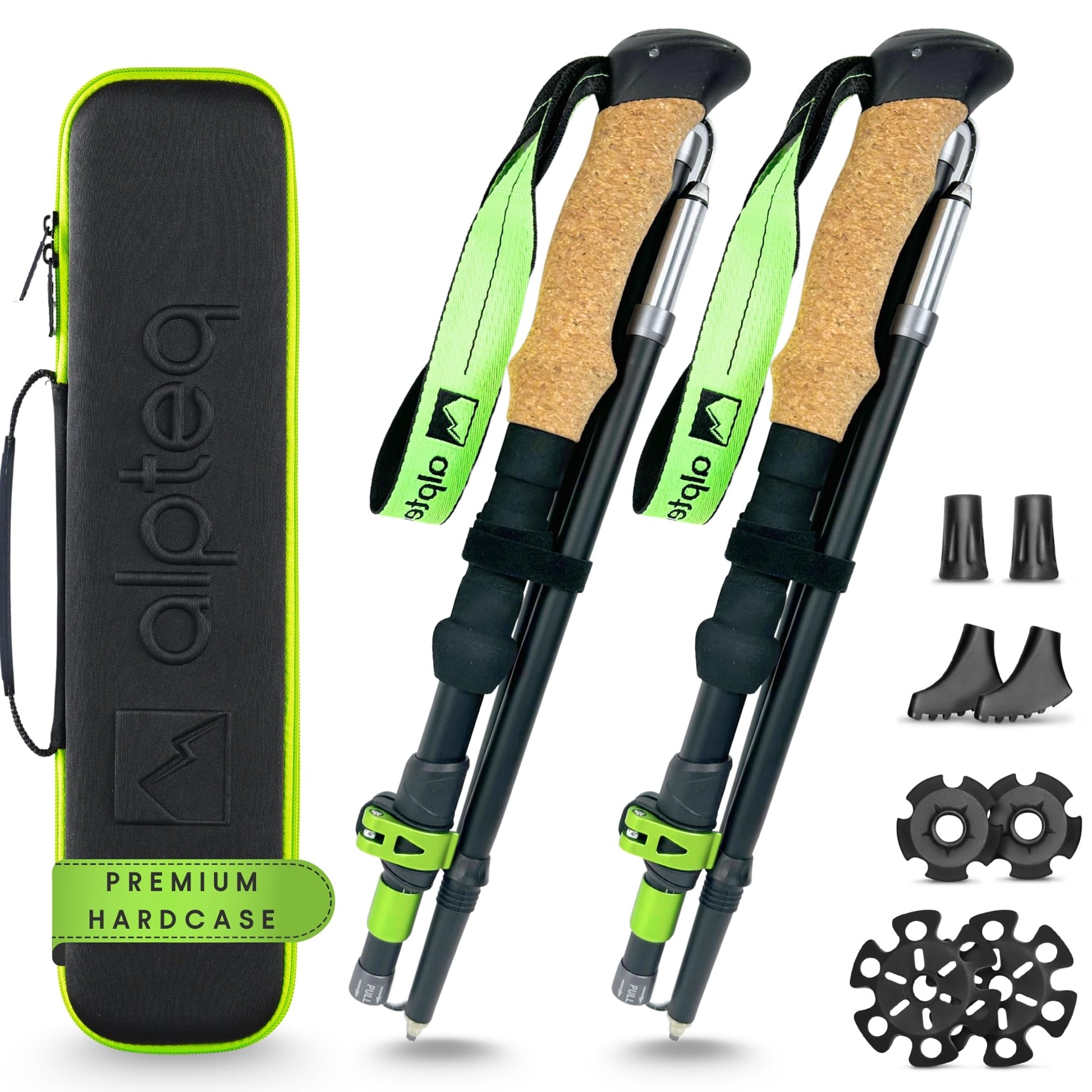 Alpteq Wanderstöcke faltbar aus Aluminium mit Korkgriff, Lime Green – Trekkingstöcke in Grün zum Wandern und Nordic Walking