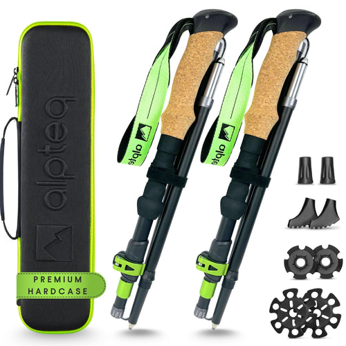 Alpteq Wanderstöcke faltbar aus Aluminium mit Korkgriff, Lime Green – Trekkingstöcke in Grün zum Wandern und Nordic Walking
