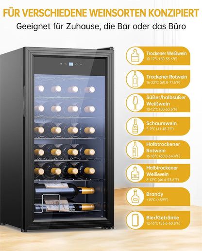 WIE Weinkühlschrank 82 Liter für 28 Flaschen, Kompressor, 5–18 °C