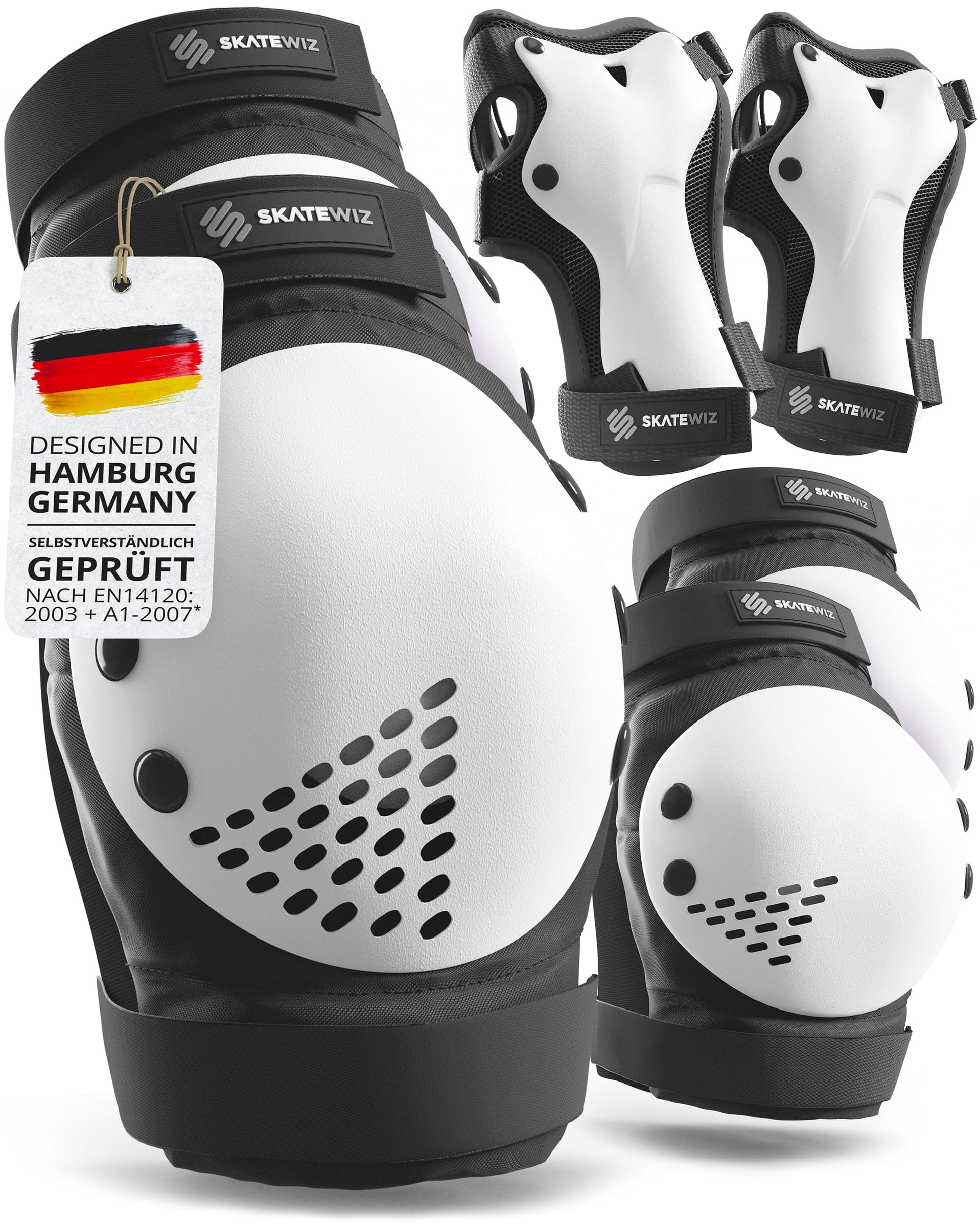 SKATEWIZ Smash Protektoren Set 6-teilig, Grösse L/XL, Schwarz Weiss mit Klettverschlüssen und Oxford-Gewebe
