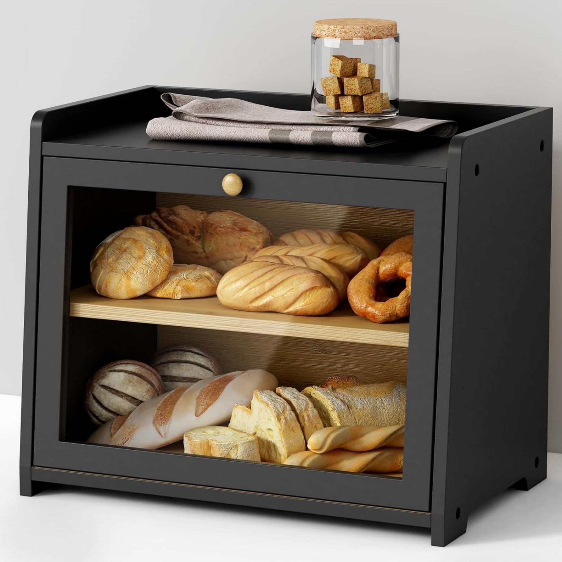 Cookery Brotkasten aus Bambus mit 2 Etagen, schwarz, zweistöckige Holzbox zur Brotaufbewahrung