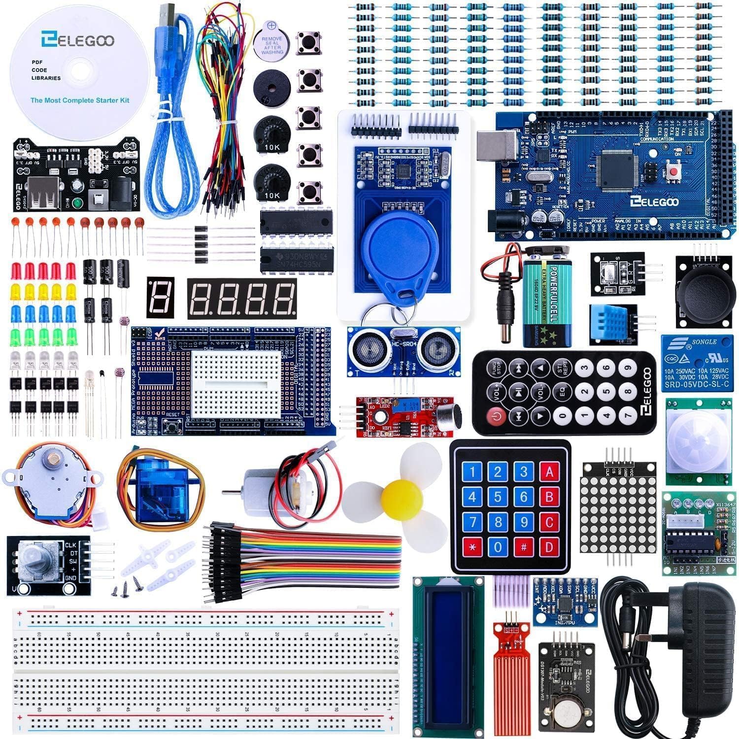 ELEGOO MEGA-R3 Starter Kit Arduino - Deutsches Tutorial. Blaues Mikrocontroller-Board mit Komponenten. Ermöglicht Einstieg in Elektronik & Programmierung.