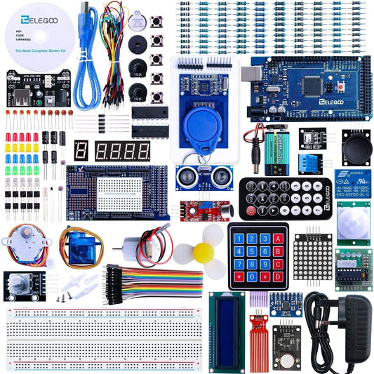 ELEGOO MEGA-R3 Starter Kit Arduino - Deutsches Tutorial. Blaues Mikrocontroller-Board mit Komponenten. Ermöglicht Einstieg in Elektronik & Programmierung.