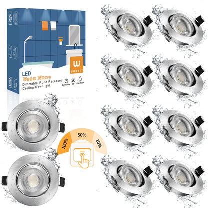wowatt 10er LED Einbaustrahler IP44 68mm 3-Stufig Dimmbar Warmweiss. Runde, kompakte LED-Strahler mit warmweissem Licht, 3-stufig dimmbar für Feuchträume.