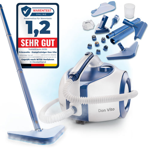 Primavella Don Vito Dampfreiniger – Leistungsstark & Vielseitig. Kompaktes Gerät reinigt Oberflächen, Fugen & Textilien mit Hochdruckdampf.