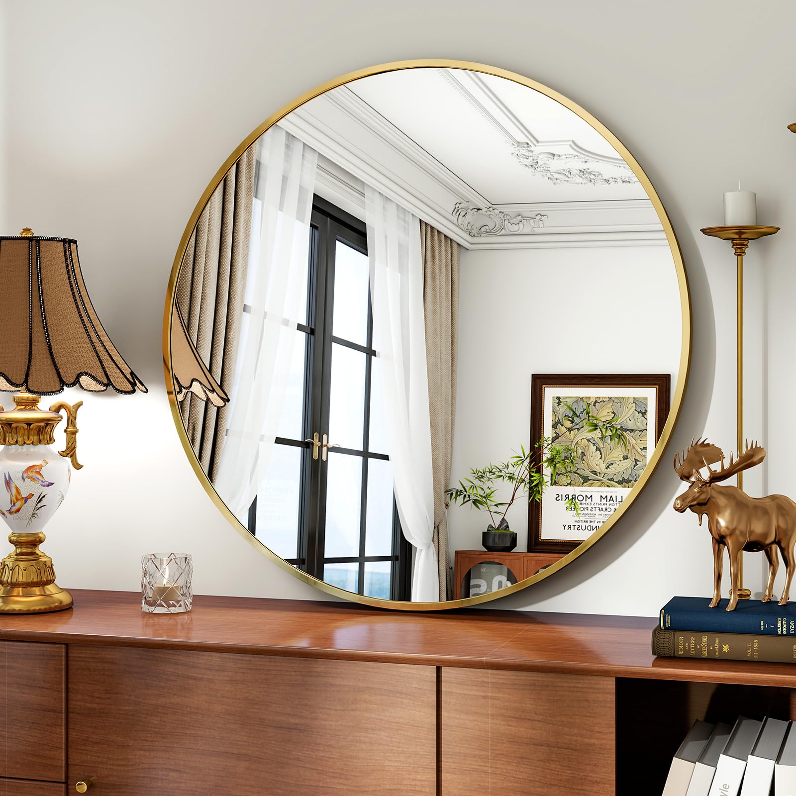 Koonmi 80cm Rund Gold Spiegel - Aluminiumrahmen. Glatte reflektierende Oberfläche. Zur Wandmontage für Ansicht.