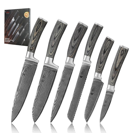 Wakoli Edis Profi Damast Küchenmesser-Set - 6-teilig: Klingen mit Damast-Wellenmuster, schwarze Griffe. Zum präzisen Schneiden und Zerkleinern von Lebensmitteln in der Küche.