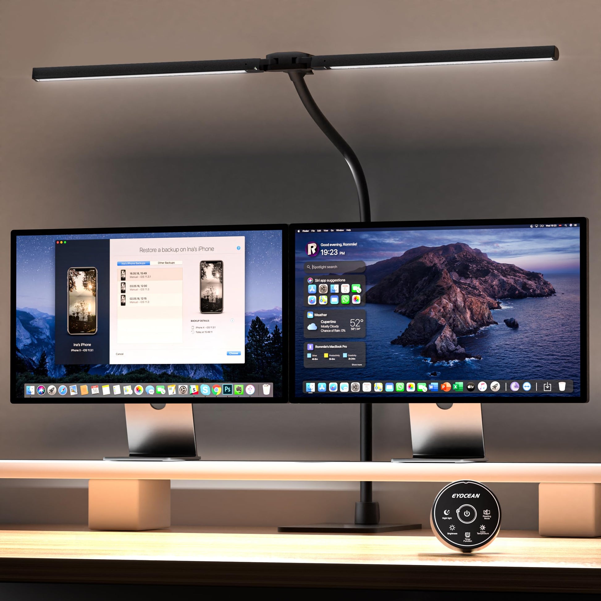 EYOCEAN Doppelkopf Monitorlampe – Dimmbar mit Fernbedienung. Schwarze LED-Leiste beleuchtet den Arbeitsplatz reflexionsfrei.