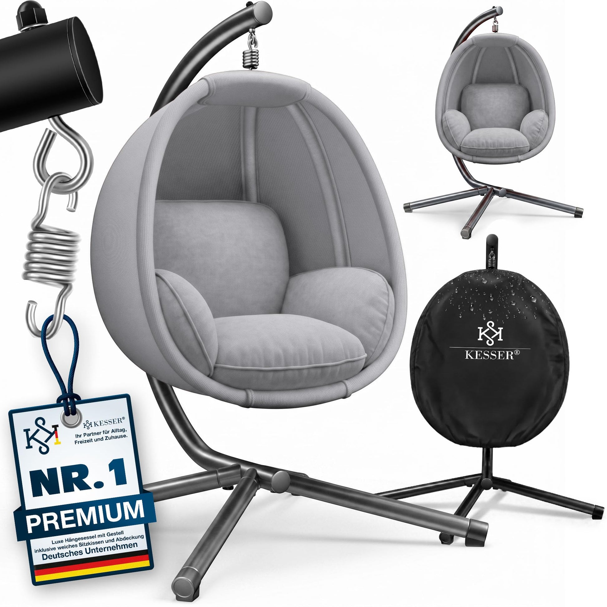 KESSER Luxe Hängesessel mit Gestell, Sitzkissen und Abdeckung, Grau – Hängekorb mit Stahlrohrgestell