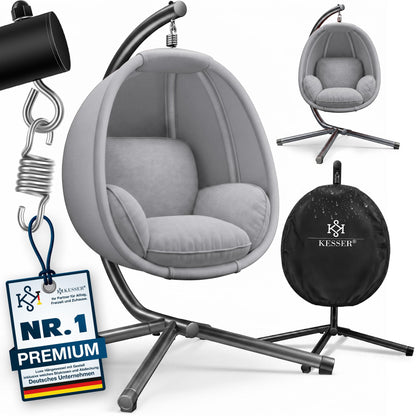 KESSER Luxe Hängesessel mit Gestell, Sitzkissen und Abdeckung, Grau – Hängekorb mit Stahlrohrgestell