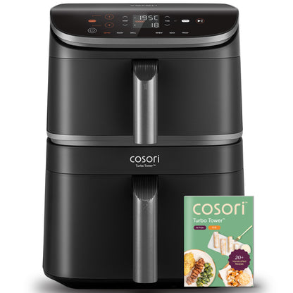 COSORI Turbo Tower Airfryer Heissluftfritteuse 10.8L 2 Kammern, turmförmig, schwarz. Gart mit Heissluft in zwei Kammern.