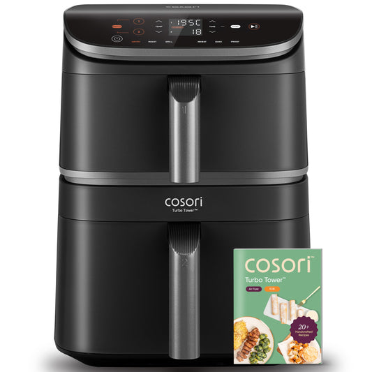 COSORI Turbo Tower Airfryer Heissluftfritteuse 10.8L 2 Kammern, turmförmig, schwarz. Gart mit Heissluft in zwei Kammern.