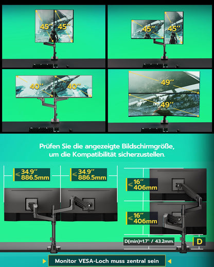 ARES WING Dual Monitorhalterung Übereinander, Gasfeder & USB-Port