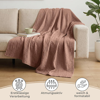LAYNENBURG Musselin Tagesdecke 150x200 cm, 100% Baumwolle, Mokka