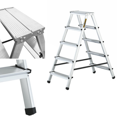 DRABEST Klappleiter Aluminium 2x5 Stufen Trittleiter bis 125 kg mit geriffelten Stufen und Standfüssen