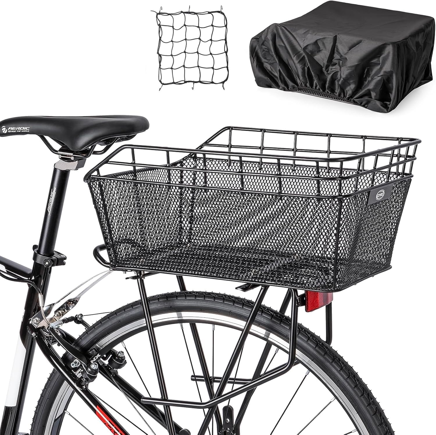 CXWXC Fahrradkorb hinten mit Ladungsnetz und Futterung, schwarz, aus beschichtetem Stahl