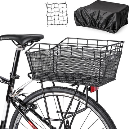 CXWXC Fahrradkorb hinten mit Ladungsnetz und Futterung, schwarz, aus beschichtetem Stahl