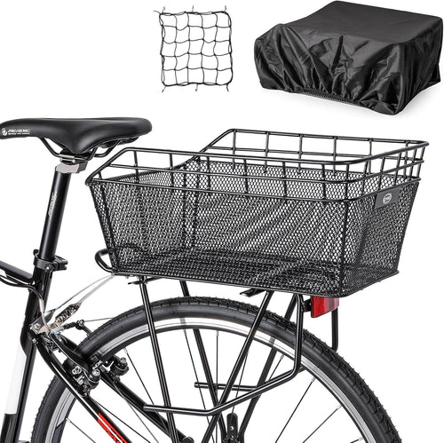 CXWXC Fahrradkorb hinten mit Ladungsnetz und Futterung, schwarz, aus beschichtetem Stahl