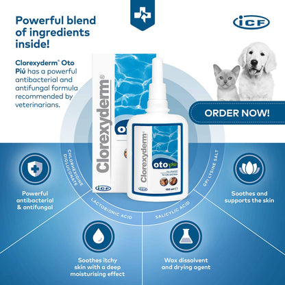 ICF Clorexyderm Oto Piu Ohrreiniger für Hunde und Katzen, 2 x 150 ml