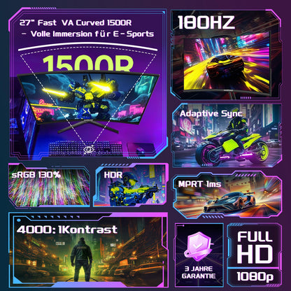 Amzfast AMZG27C1 Curved Gaming Monitor - 27 Zoll, 180Hz